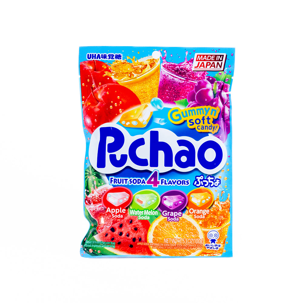 Puchao Fruit Soda 4 Flavors Gummy n' Soft Candy (Apple, Watermelon, Grape & Orange) (20-21 Pieces)